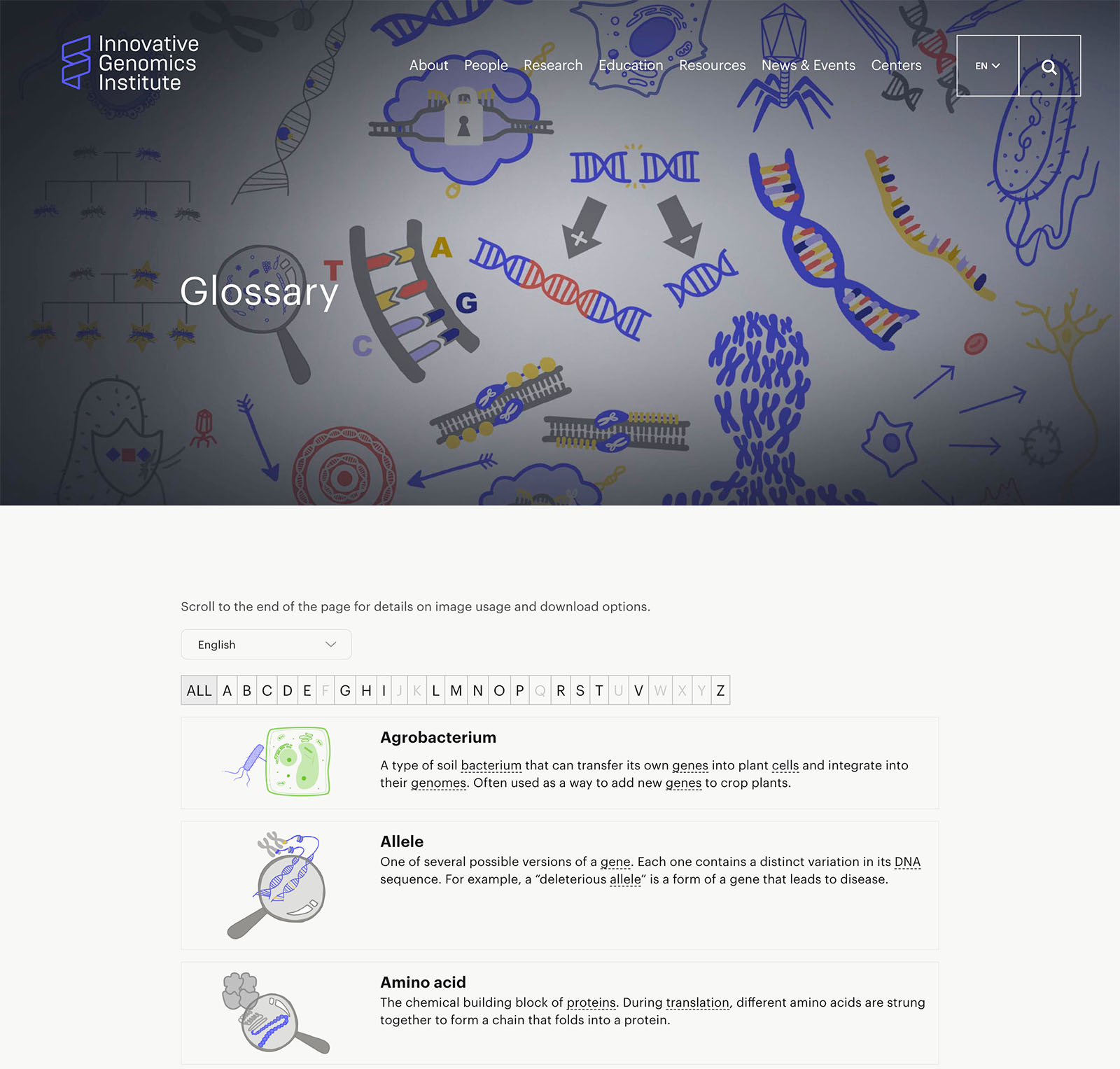 Screen capture of innovative genomics glossary website