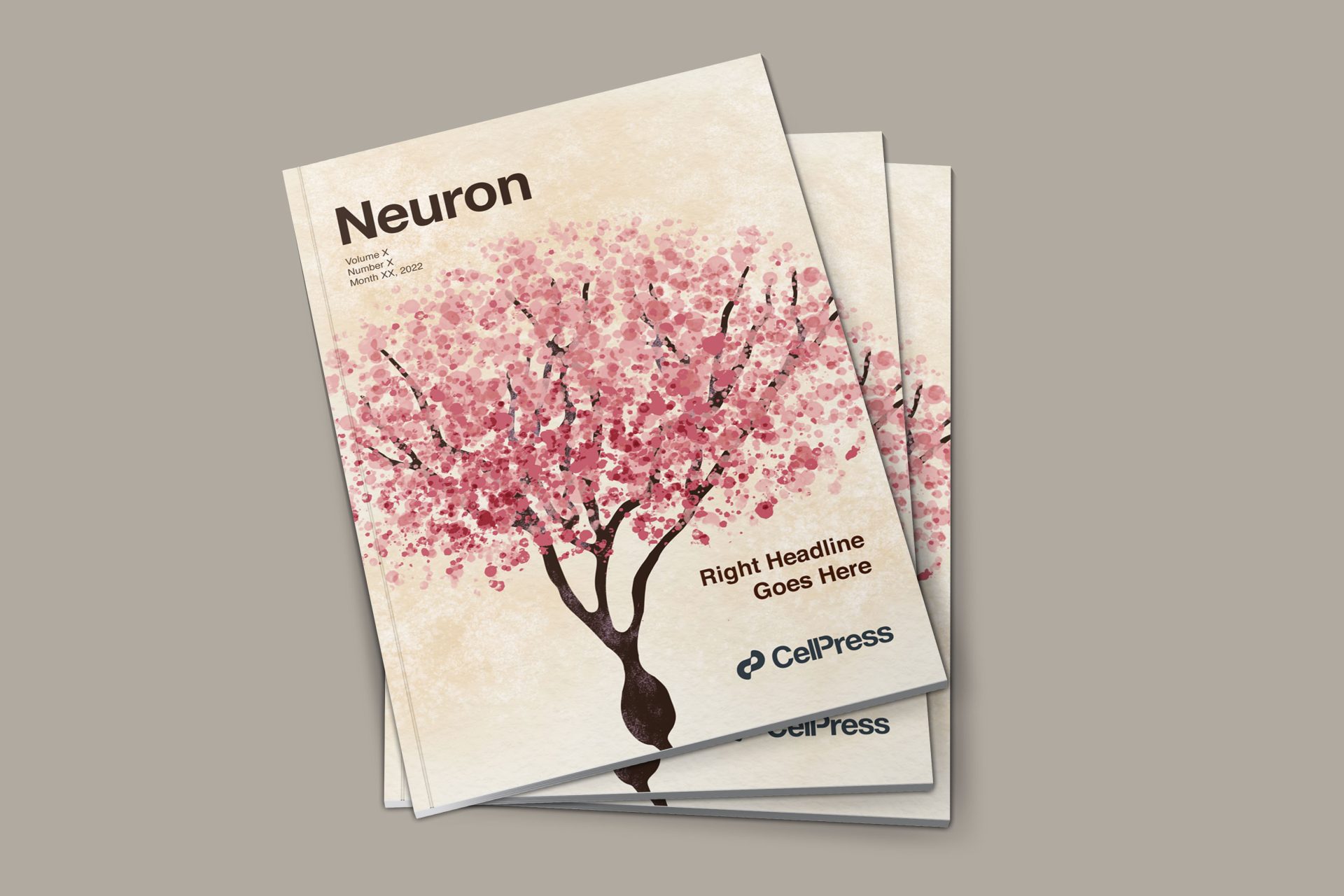 Scientific journal cover proposal illustration showing a neuron represented as a cherry blossom tree. The flowers represented as pink dots simulate the dots observe in an immunofluorescence staining.