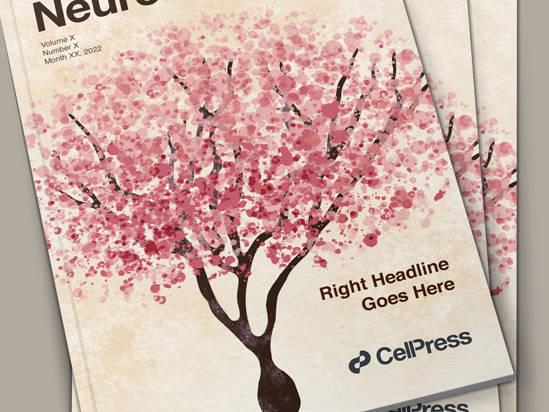 Scientific journal cover proposal illustration showing a neuron represented as a cherry blossom tree. The flowers represented as pink dots simulate the dots observe in an immunofluorescence staining.