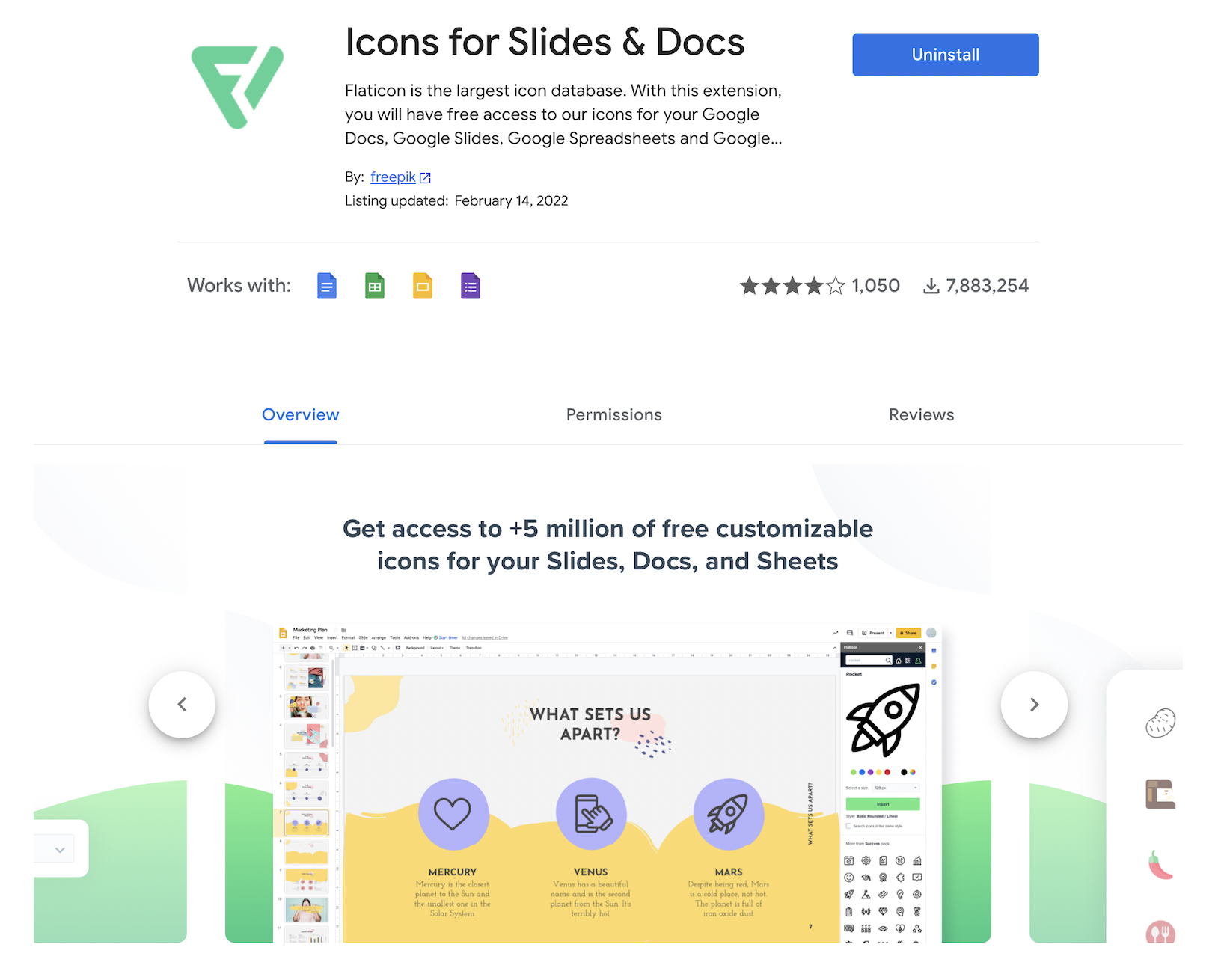 Screenshot of icons for Slides and docs extension