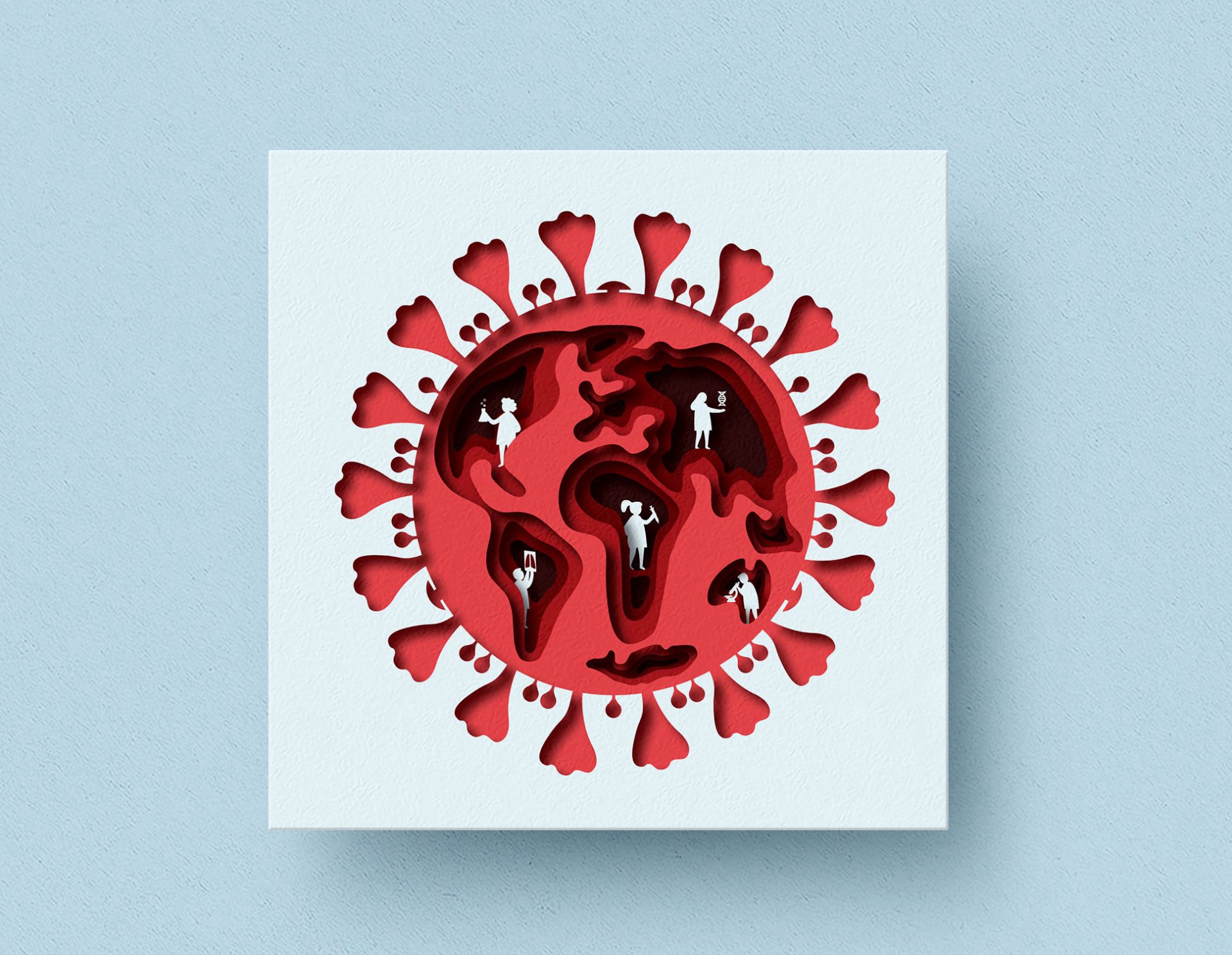 Scientific illustration to symbolize the scientific effort made worldwide during the pandemic. In the illustration created with a paper cut style, the world is represented with the shape of a coronavirus. The illustration also shows how scientist from all over the world work together to find a cure and to control the pandemic.